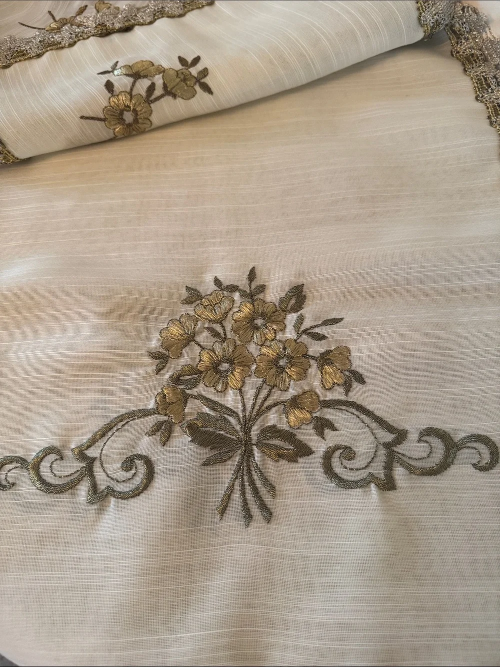 Vintage Embroidered Cream Table Runner with Gold Floral Trim and 2 Table Topper